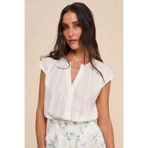 Lulus Easy Essence Ivory Textured Stripe Swiss Dot Button-up Top White - Size L